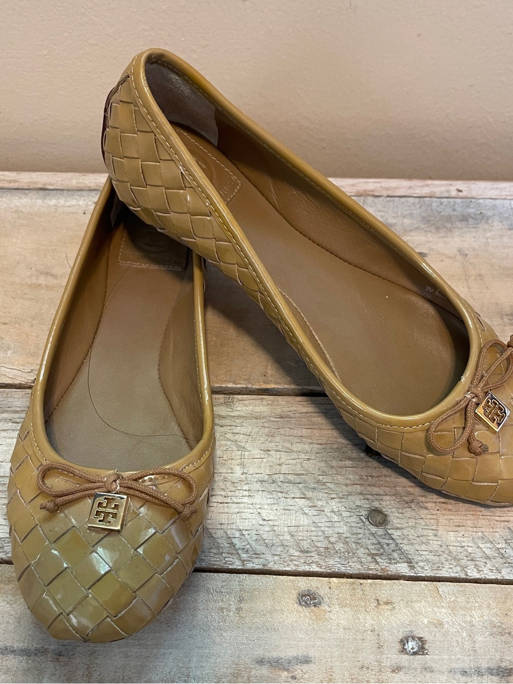 TORY BURCH Prescot Basketweave Woven Bow Tie Ballet Flat Shoes